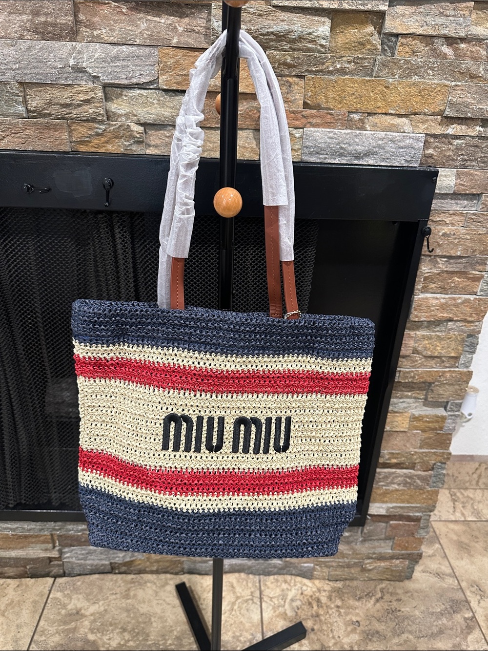 Navy, Cream & Red Striped Straw Tote with Leather Handles